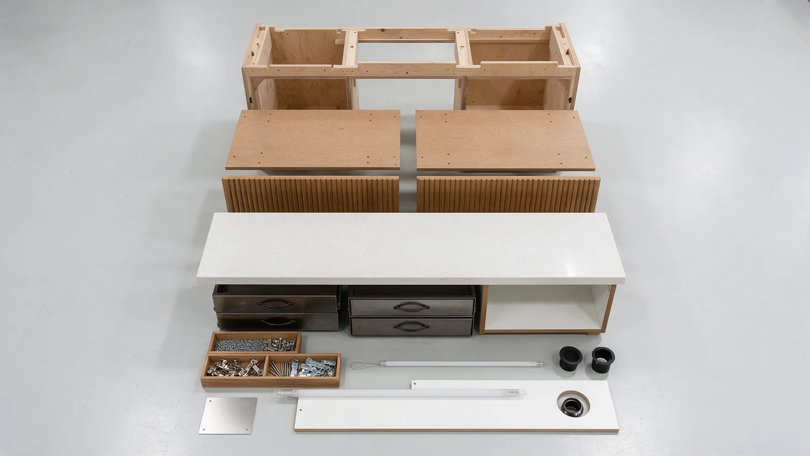 A restaurant service counter laid out as its manufactured parts: frame, substrate, veneer panels, countertop, storage, hardware and lighting